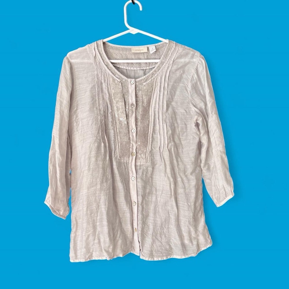 Chico's White Pleated 3/4 Sleeve Blouse with Mandarin Collar
